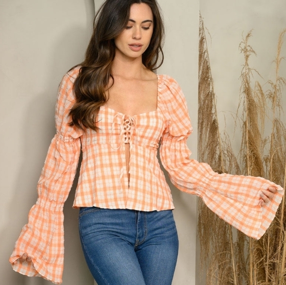 Private Label Tops - Orange Plaid Boho Blouse | Bell Sleeve Lace-Up Top
